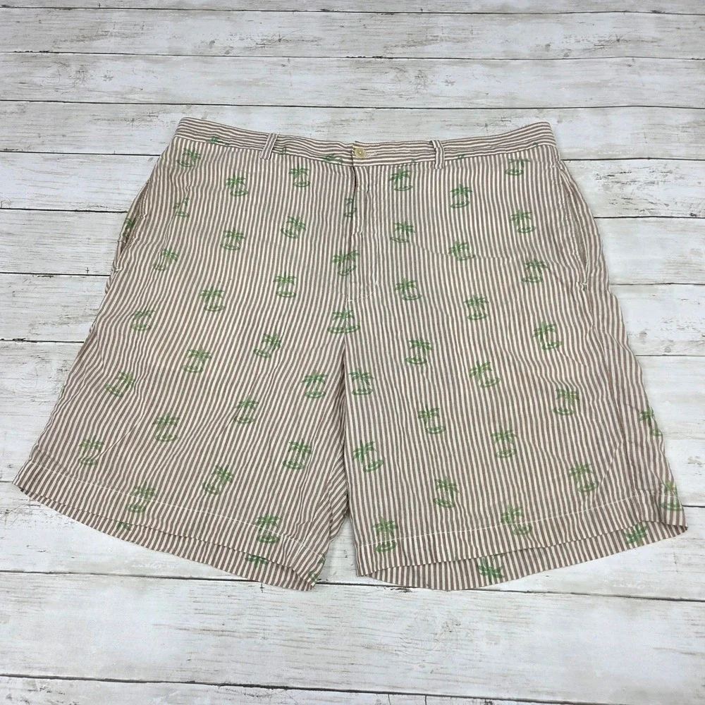 Vineyard Vines Shorts Men 38 Tan Seersucker Palm Tree Embroidered Preppy Damaged